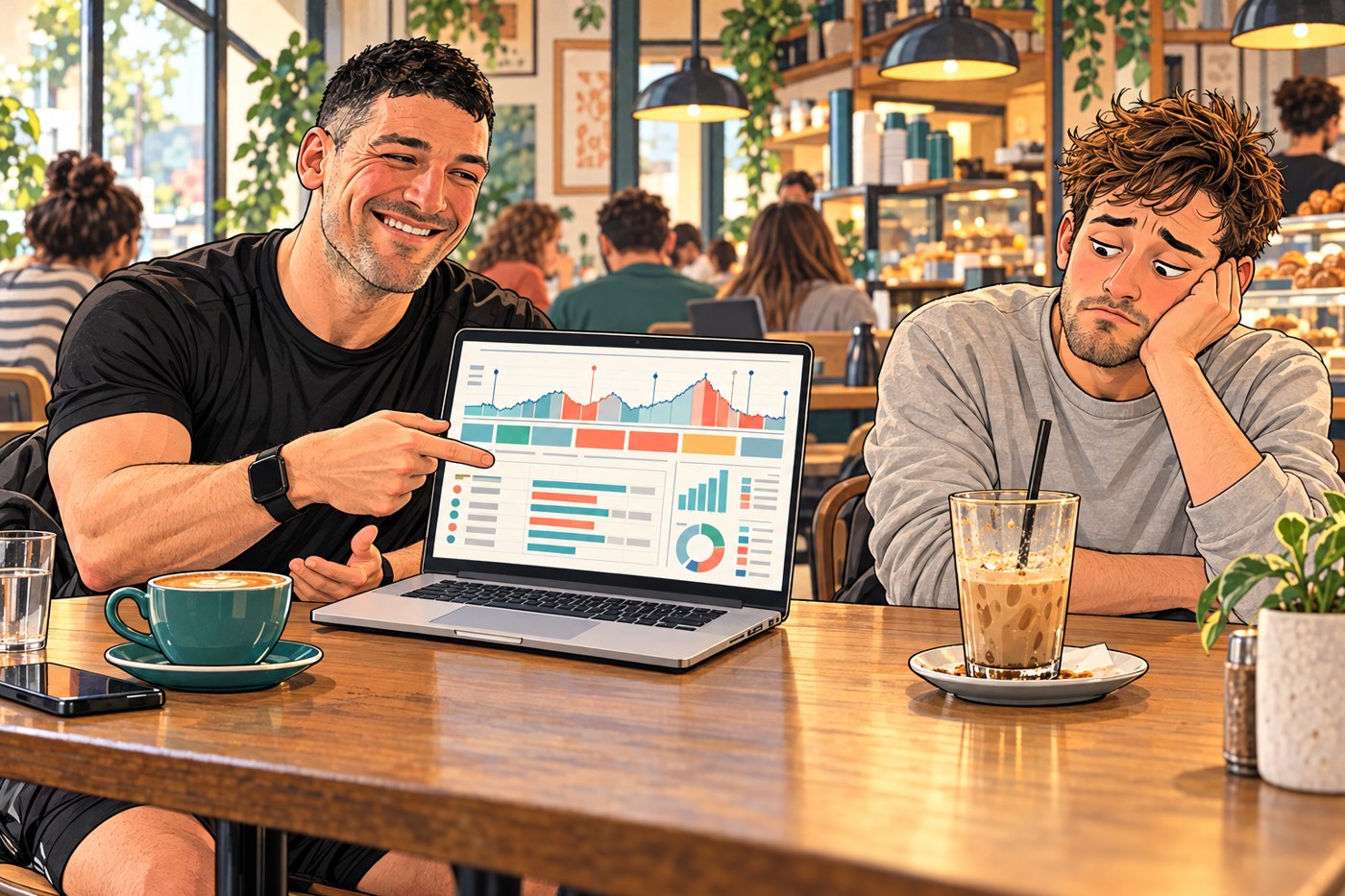 Cormac giving his friend a detailed race-strategy presentation in a café
