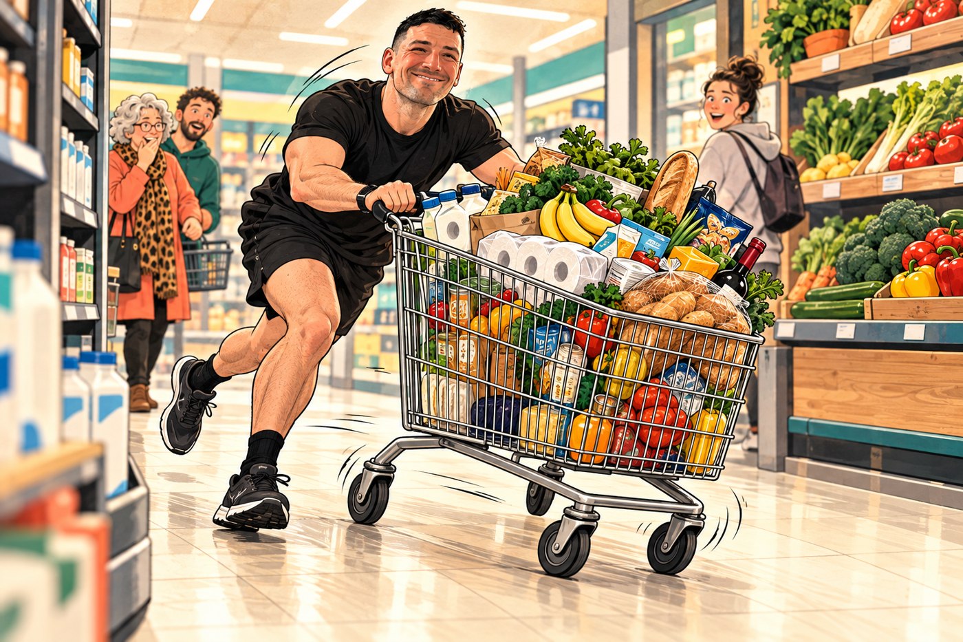 A personalised cartoon of Cormac treating a supermarket trolley like a Hyrox sled